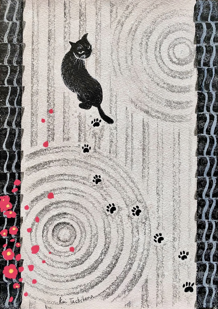 枯山水とサザンカと猫